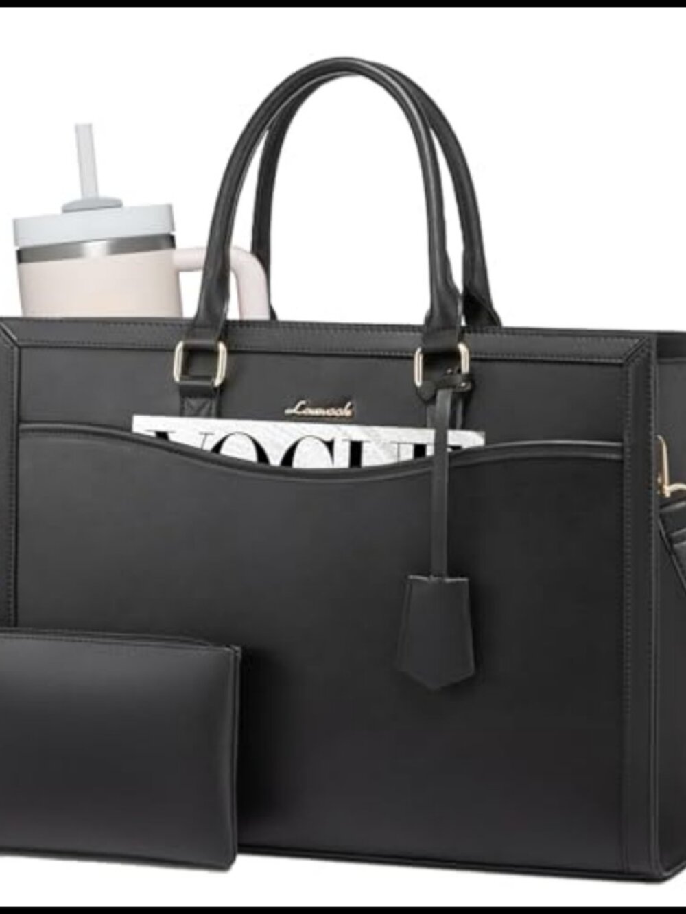 LOVEVOOK Laptop Tote Bag PU Leather Work Briefcase with Cup Holder